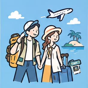 帽子と旅の荷物を持ち、手をつなぐカップル